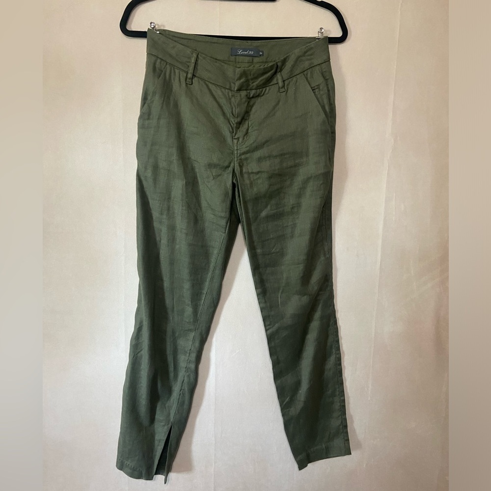 Level 99 green straight leg women's 26 linen blend trouser pants EUC